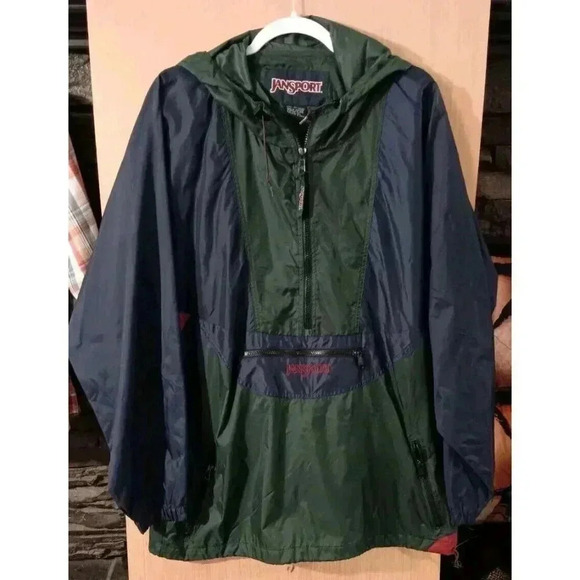 Jansport Vtg 90s Sz Large Nylon Color Block Stow-Away Pocket Windbreaker Hooded - Picture 1 of 10